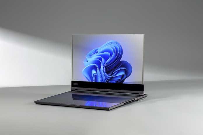 Lenovo transparent laptop showcasing its unique design and internal components.